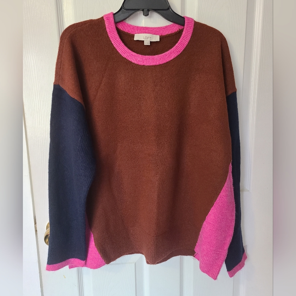 LOFT Colorblock Crewneck Sweater in Brown, Pink & Navy